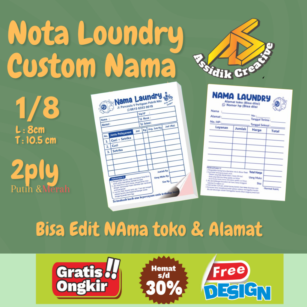 

Nota Penjualan Custom Loundry 1/8 Polio Kertas NCR ( isi 25 Putih / 25 merah )