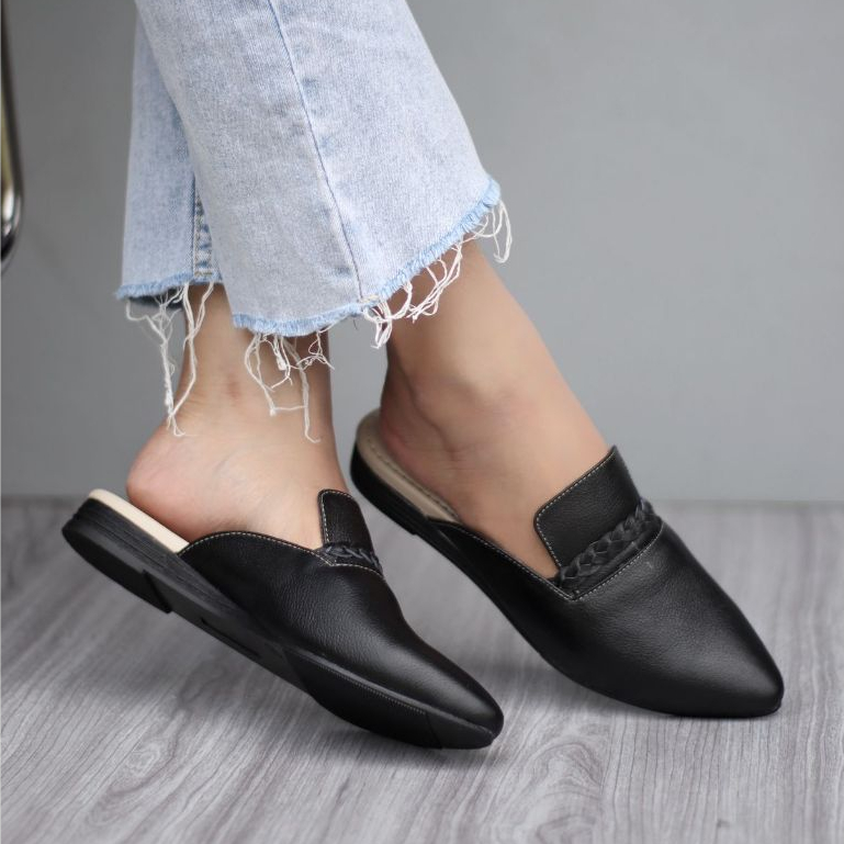 Sepatu Sandal Wanita Sendal Flat Selop slop Teplek Papirut Kulit Asli Garut Bustong Tutong Terbaru