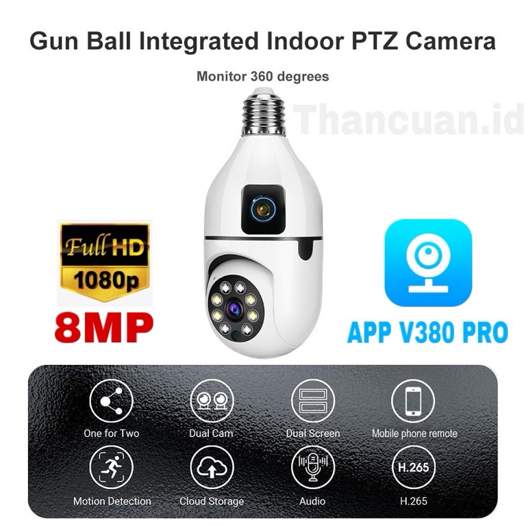 KODE H69O IP Camera CCTV WIFI Indoor 8MP Dual Lens Bulb Camera 36 PTZ Kamera CCTV HP Jarak jauh