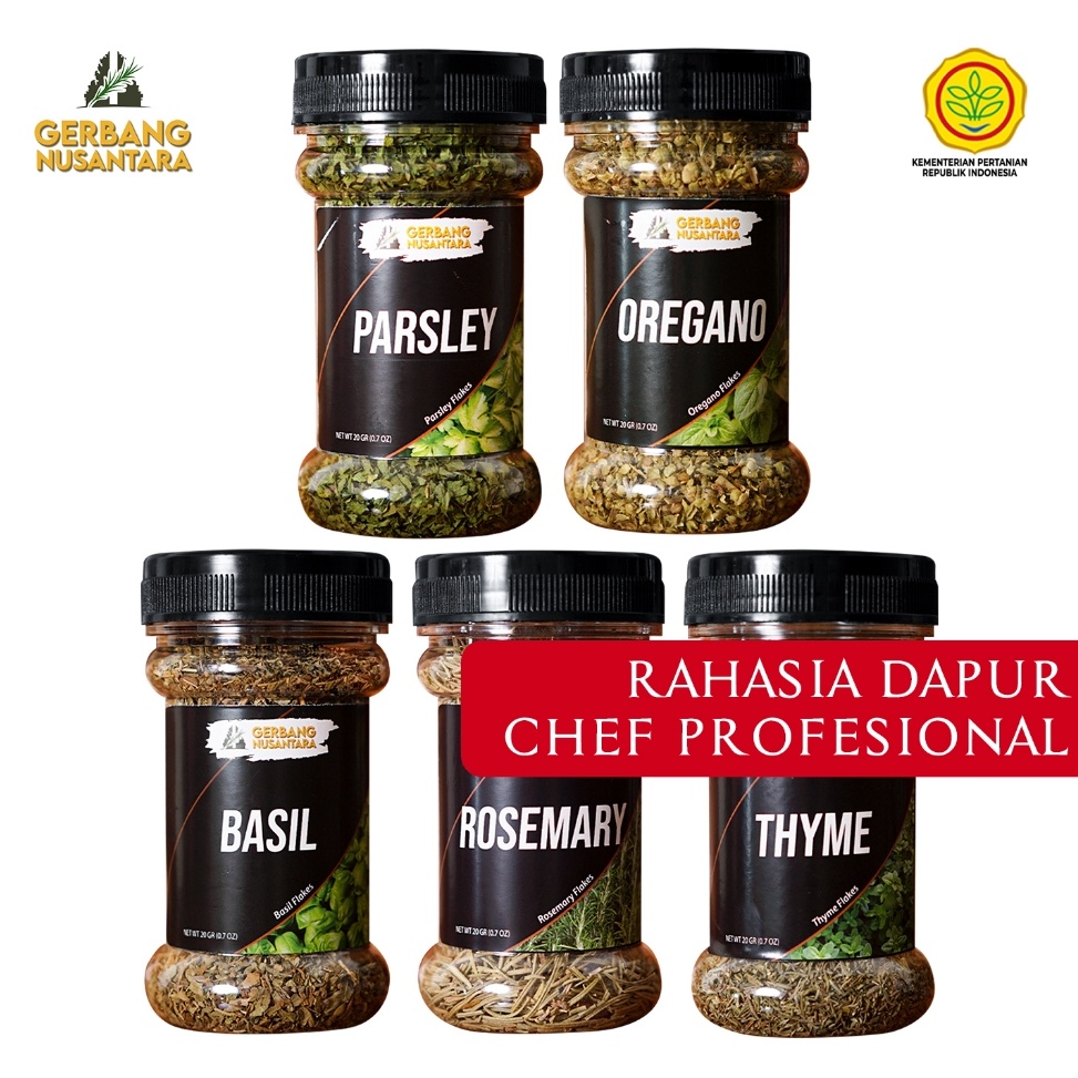 

22 Promo Gerbang Nusantara Bumbu Masak Dapur Rasa Daun Basil Oregano Thyme Rosemary Parsley Italian Herbs Flakes Bubuk Lengkap 2 Gram