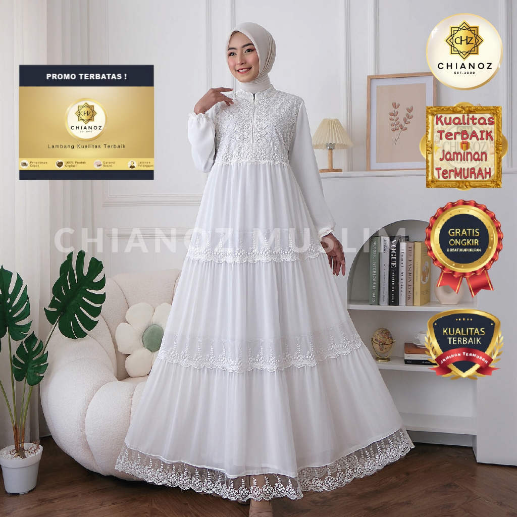 CHIANOZ Gamis Putih Mewah Denada Dress Brukat Renda Baju Lebaran Umroh Haji Manasik Pesta Akad 922