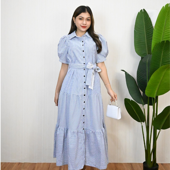 Leony Dress Wanita /  Long Dress Garis - Garis / Dress Katun / Shirt Dress / Stripes Shirt Dress / L