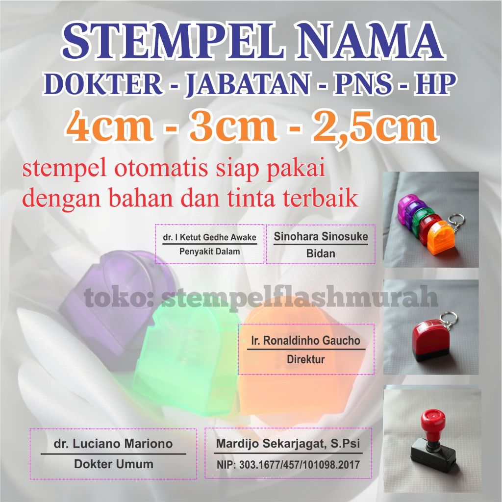 

stempel nama dokter 4cm 3cm 2cm jabatan nip sip bidan pegawai pns guru usaha perusahaan warna flash stamp otomatis murah