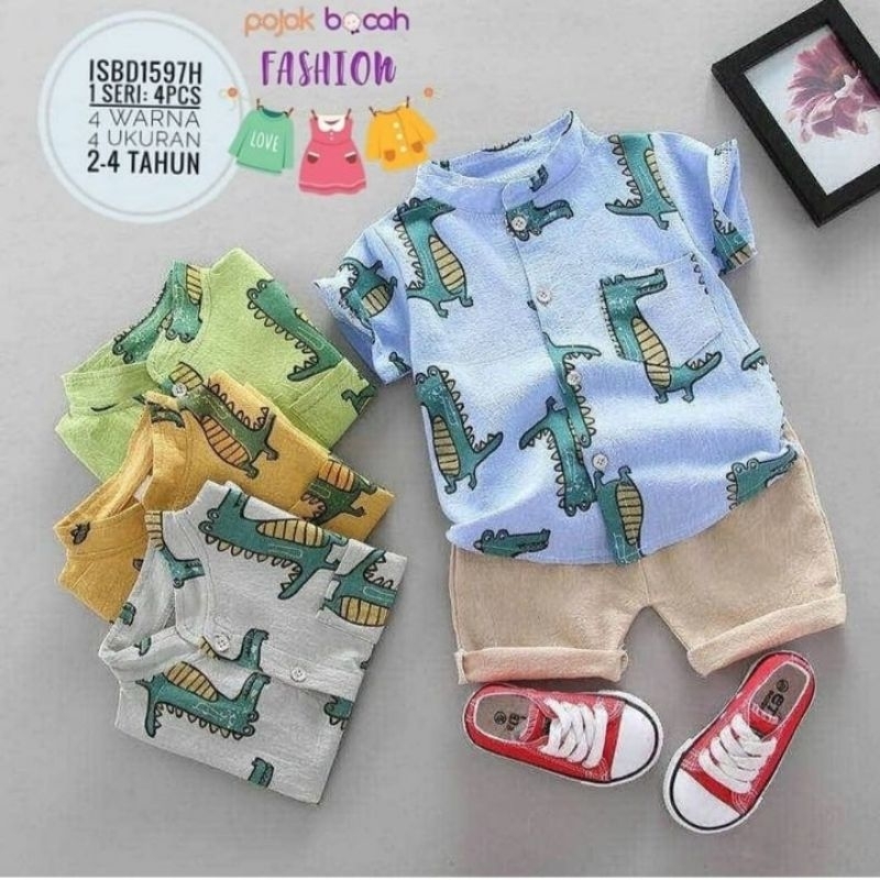 BAJU FASHION ANAK LAKI COWOK SETELAN KEMEJA MOTIF KARAKTER HEWAN BUAYA CROCODILE USIA 2 SAMPAI 4 TAH