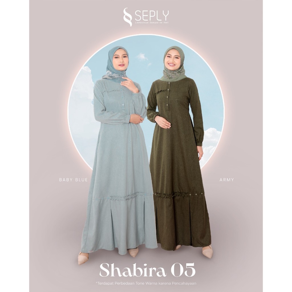 Seply Shabira 05 Gamis Wanita Warna Baby Blue Army Bahan Prilly Polos Simpel Variasi Frill Jumbo