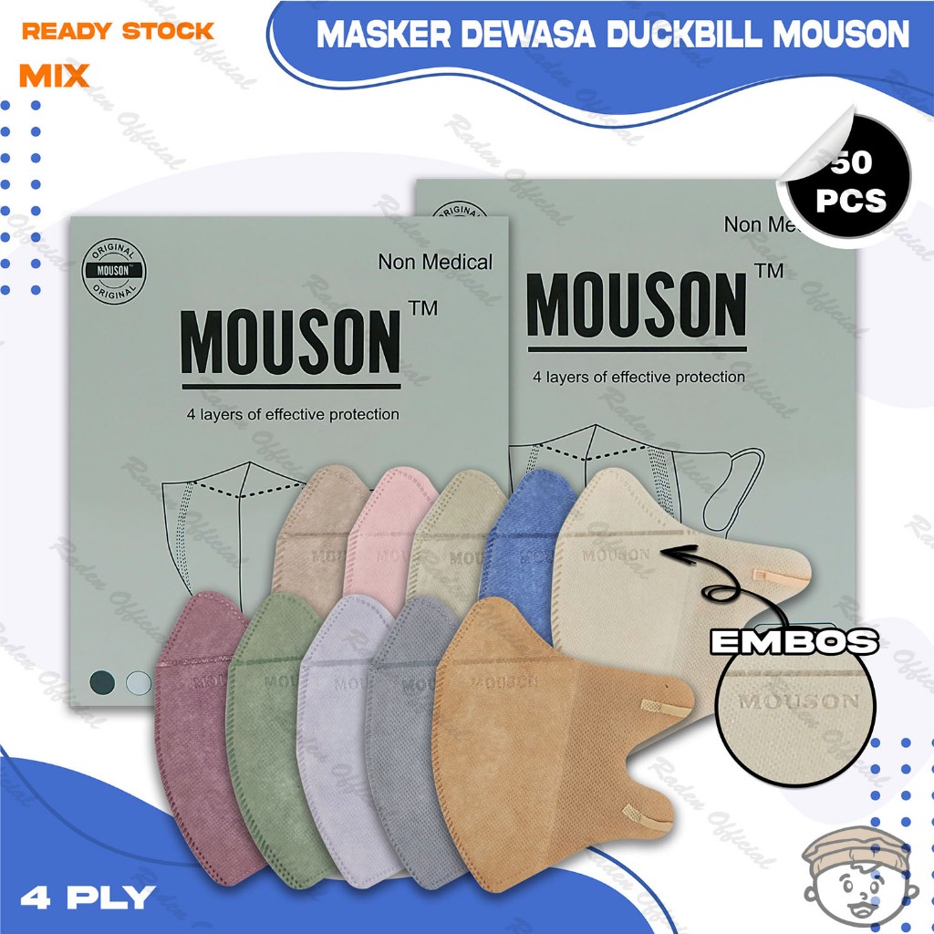 Masker Duckbil MOUSON 4Ply isi 50Pcs Warna Mix Soft Nude Duckbill 4 Ply Earloop Surgical Mask