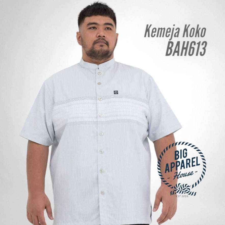 Kemeja Koko Jumbo Big Size Pria Laki Cowok Lengan Pendek Linen Slub Jacquard Silver Grey Dada Lurik 