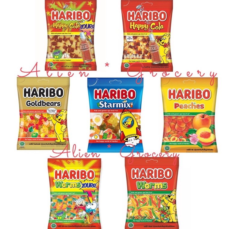 

Swip up HARIBO Jelly Candy Goldbears Happy Cola Peaches Star Mix Worms 8gr 16gr
