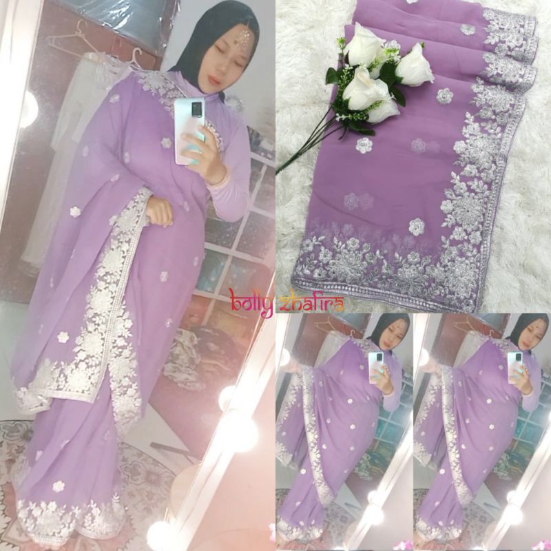 Saree Sari India Ungu Lavender Bordir