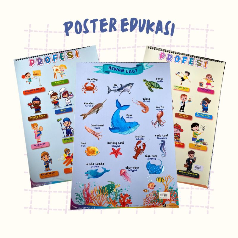 Poster Edukasi Anak Wipe and Clean untuk PAUD TK SD Angka Huruf Hewan Profesi Sifat