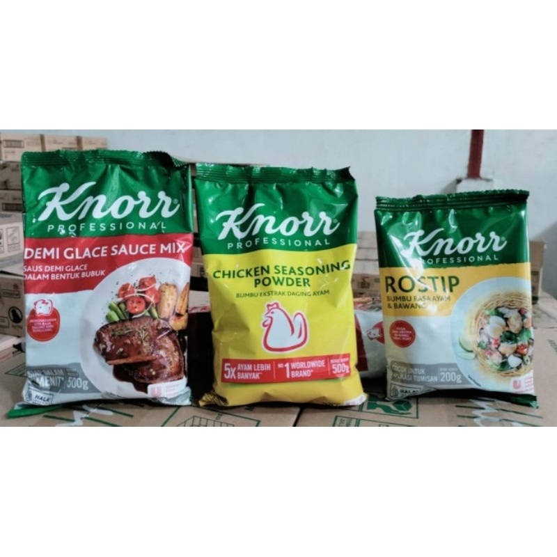 

Knorr Rostip 200gram, Knorr Chicken Powder 500gram, Knorr Demi Glace 500gram ORI