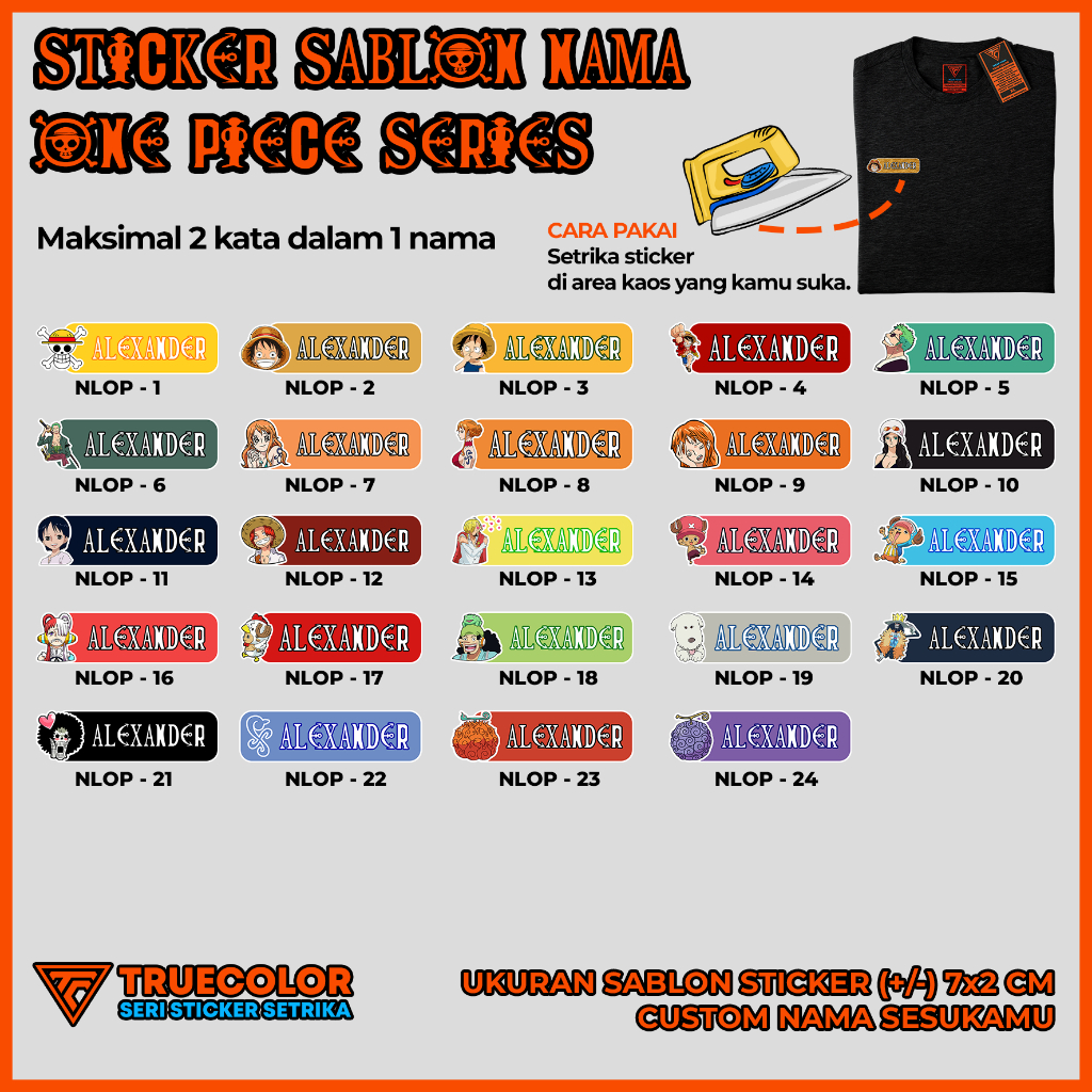 

TRUECOLOR 25pcs Sticker Kain Label Nama Kaos, Sablon Setrika Custom Tulisan – ONE PIECE Series