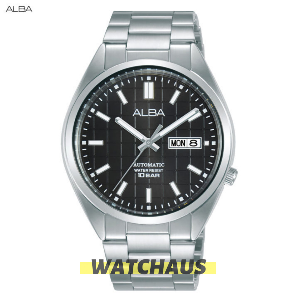 JAM TANGAN PRIA ALBA AL4327 AL4327X AL4327X1 ANALOG AUTOMATIC SILVER BLACK STAINLESS STRAP