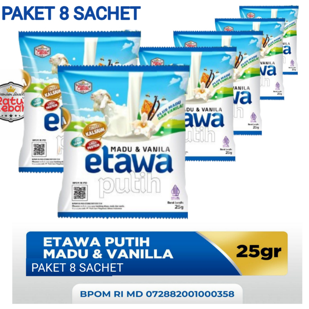 

8 Sachet Susu Kambing Etawa Putih Bubuk Plus Madu Ratu Lebah Saset Original Bpom