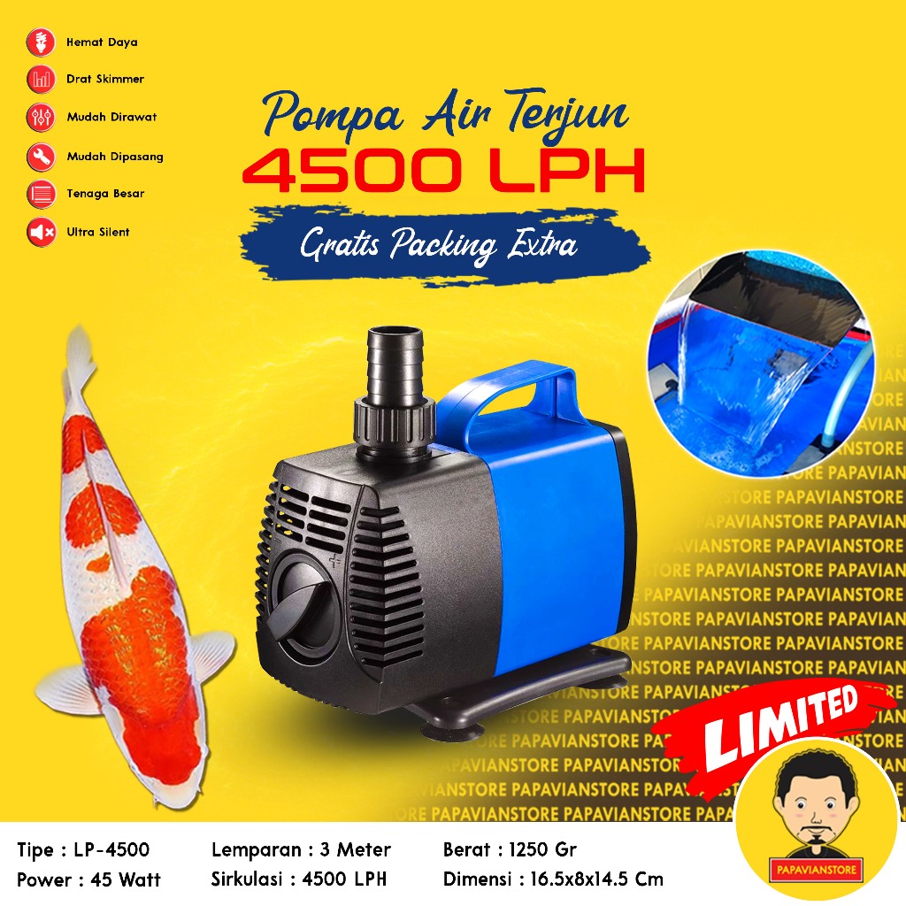 Pompa Air Mesin Filter Kolam Celup Ikan Koi 4500LPH Low 45 Watt 3 Meter