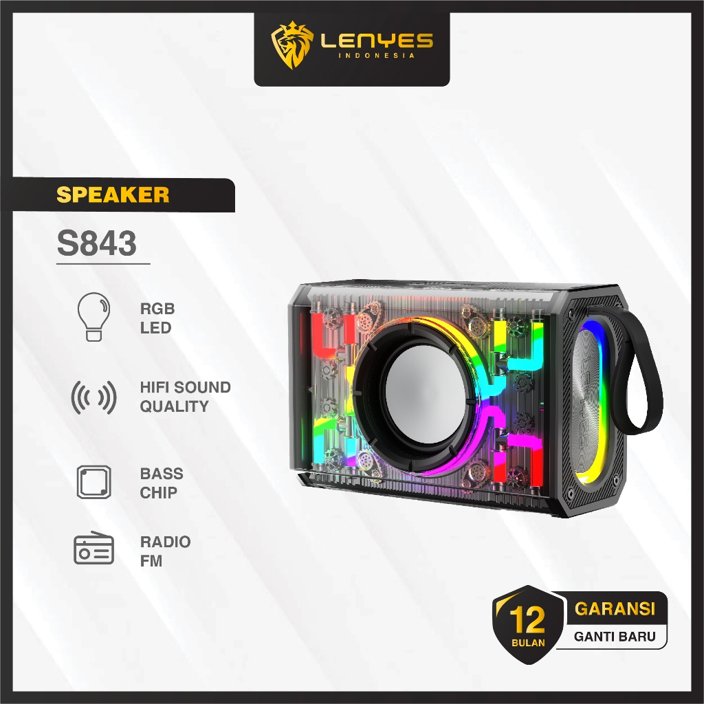 LENYES S843 20W Wireless Speaker Bluetooth 5.3 Transparan RGB LED Light TWS Portable FM Radio