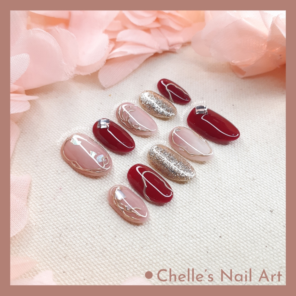 Maroon Red Gold GLitter Abstact Shell Emboss Nails Custom Fake Nails Kuku Palsu Handmade Murah