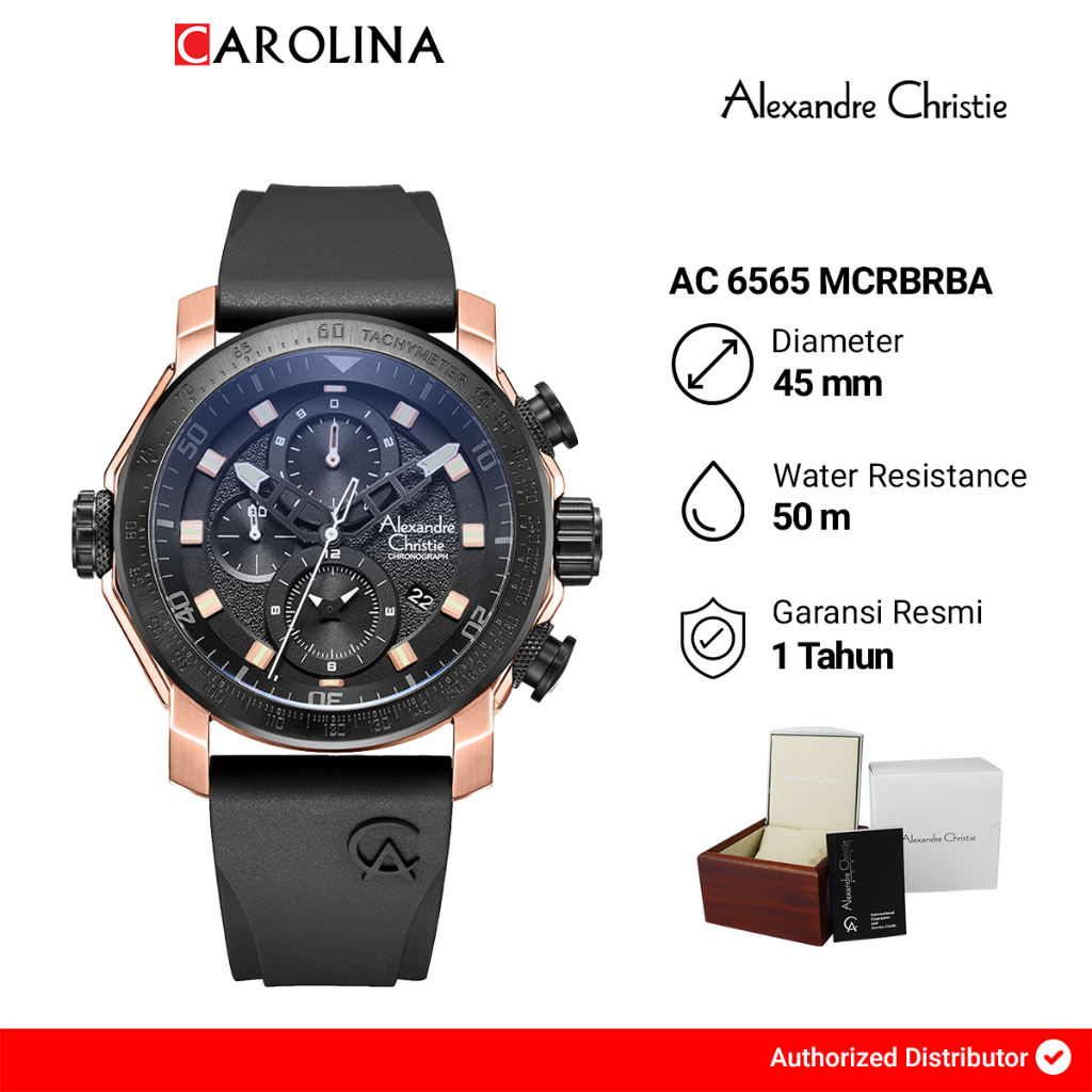 Jam Tangan Pria Alexandre Christie Chronograph AC 6565 MCRBRBA Black Dial Black Rubber Strap