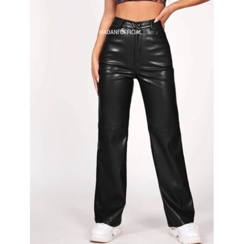 MDN x SANA - Celana Panjang Wanita Kulit Sintetis Highwaist Kulot Casual Hitam