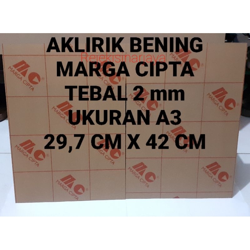 

Aklirik bening transparan Marga Cipta 2mm A3 (29,7mm x 42mm). Satu sisi modern pengganti bahan kaca.