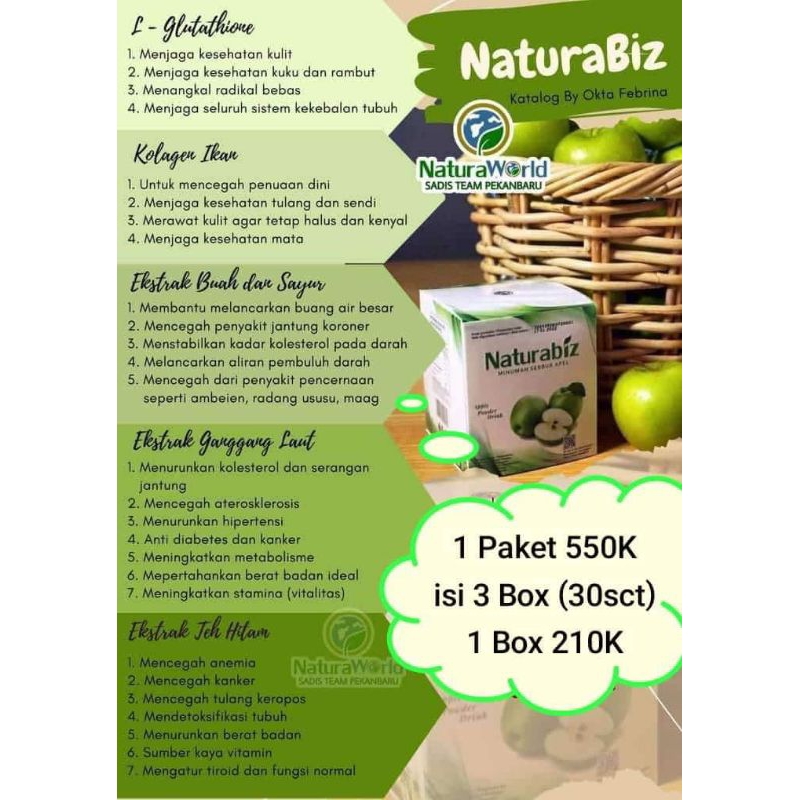 

NATURA BIZ 3 BOX MINUMAN KESEHATAN AMAN DI KONSUMSI 100% ORIGINAL ALAMI DARI BUAH APEL PILIHAN