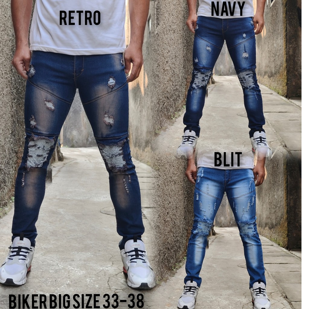 celana bikers sobek jumbo Celana Jeans Sobek Pria Slim Fit Stretch - Celana Sobek Pria Ripped Jeans 