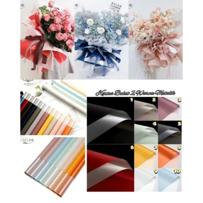 

Kertas Buket balik Metalik - Flower Wrapping Paper per lembar - Cellophane Paper waterproof - Cellophane 2 warna - bicolor Metalik - doubleside