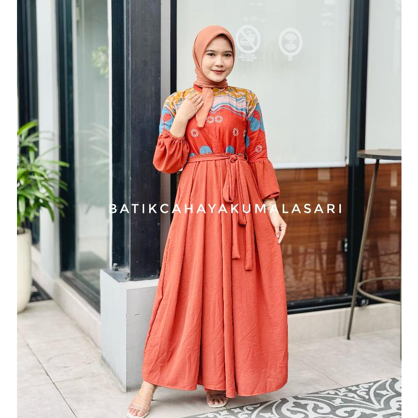 FREYYA Dress Batik Wanita Kombinasi Polosan Crinkle Motif MISHA TERACOTA - Baju Muslim Wanita Modern - Gamis Lebaran Wanita