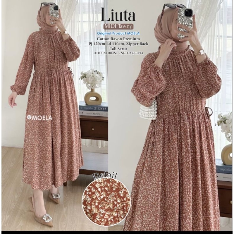 Midi dress motif collar rempel Liuta ori moela LD 110 midi gamis tali serut