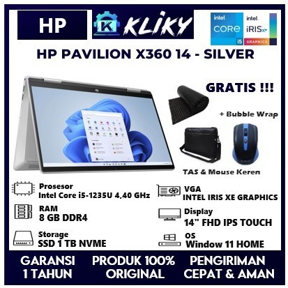 Laptop Kerja Touchscreen HP Pavilion X360 Intel Core i5 Gen 12 Ram 8GB Ssd 1 TB Layar 14" Full HD IP