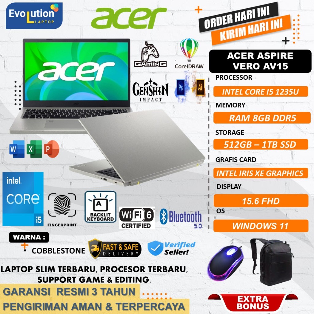 Laptop Terbaru Murah Acer Aspire VERO AV15 Core i5 1235U Ram 8GB 2TB SSD 15 inch FHD Win11