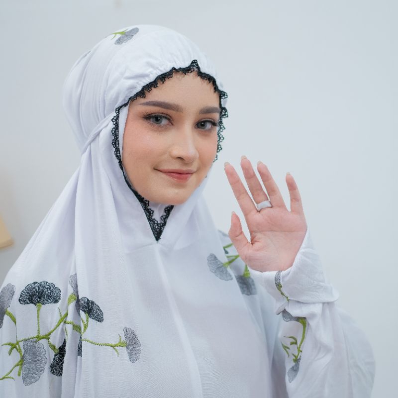 Borjushop - Mukenah Terusan Dewasa Terbaru Rayon Bordir Ginko Billova Renda Mewah Jumbo Mukenah Teru