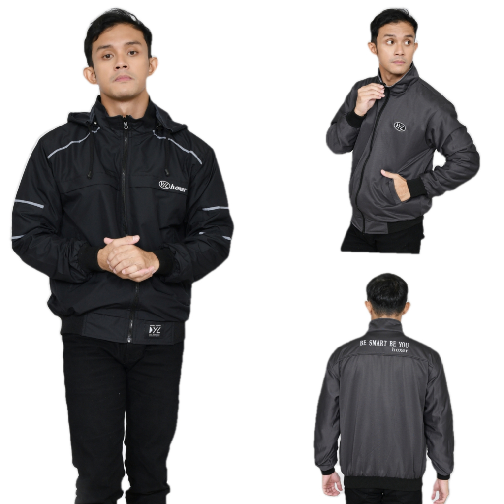 Jaket Bolak Balik BB Pria Taslan Waterproof Original HOXER Jaket Motor M-3XL Hitam