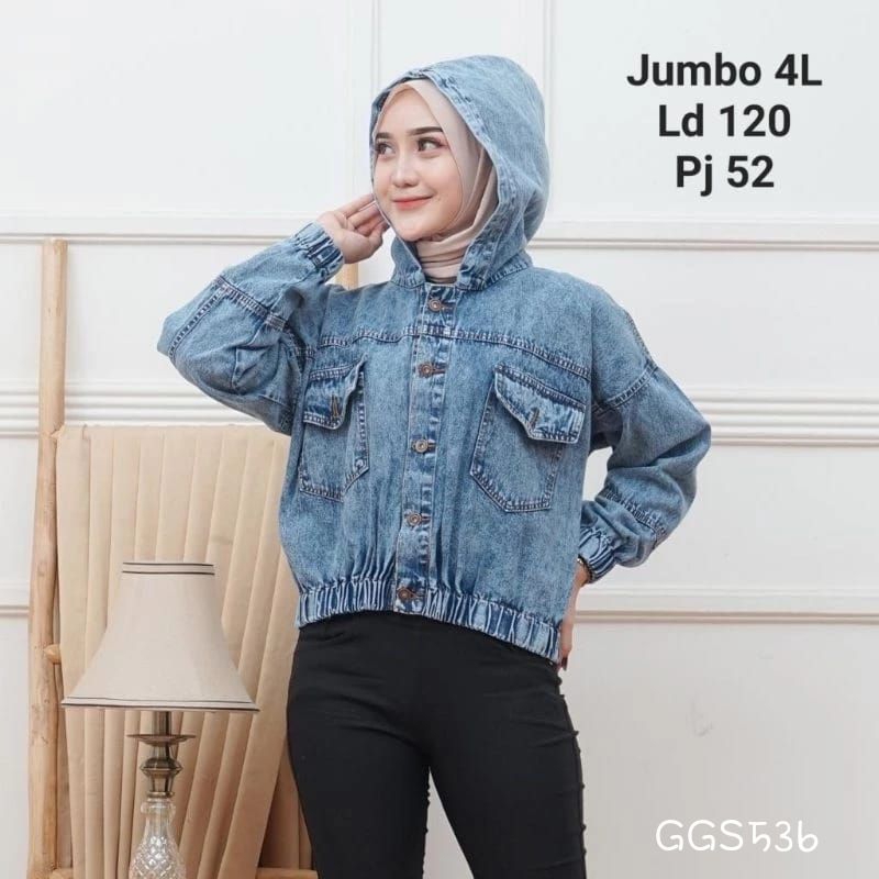 GGS536 Jaket Wanita Jeans Denim Hoodie Full Kancing Jumbo 4L
