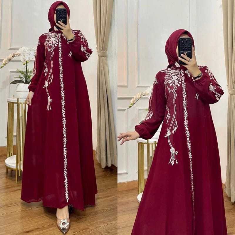 GAMIS BUNGA TANGKAI KOMBINASI CERUTY BABYDOLL IMPORT PREMIUM QUALITY ( FREE HIJAB )
