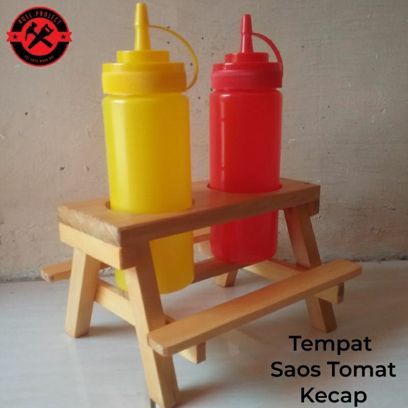 rak display kayu botol saos kecap unik model meja