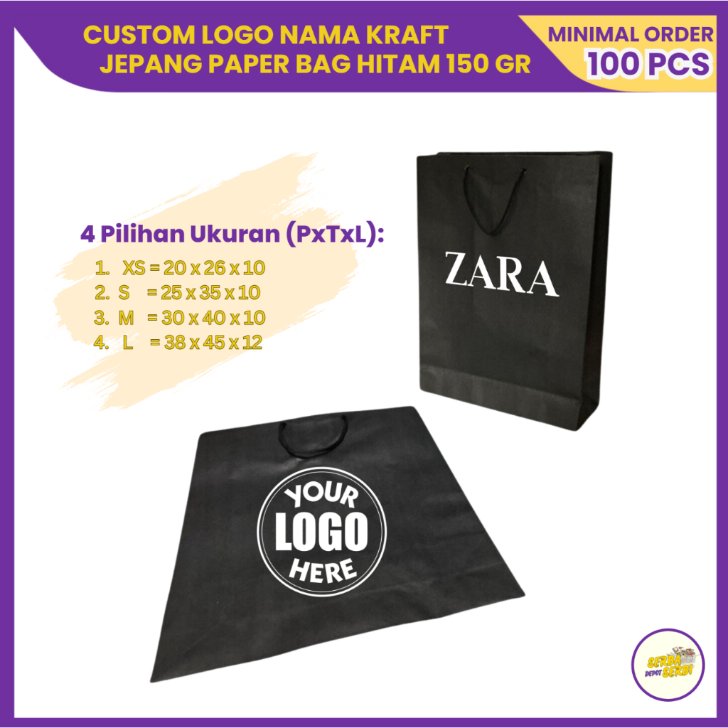 

Custom Logo Sablon Logo Nama Perusahaan Paper Bag Hitam Kraft Jepang Premium 150 Gr