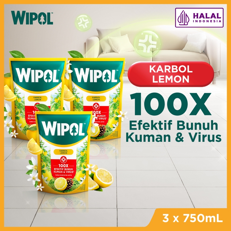 Wipol Pembersih Lantai Cairan Disinfektan Teruji Dermatologis Karbol Lemon 750 mL x3