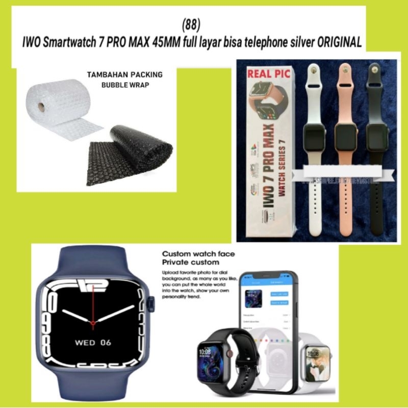 iwo smartwatch 7 pro max 45mm full layar bisa telpon warna silver ori