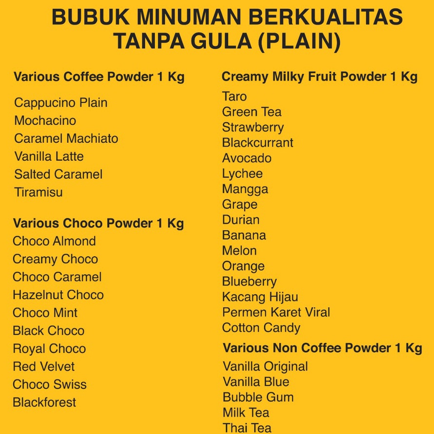 

TERBARU Bubuk Minuman Kekinian Harga Grosir Bubuk Minuman Aneka Rasa Premium Powder Drink JPS 1Kg Bubuk Minuman Terbaik