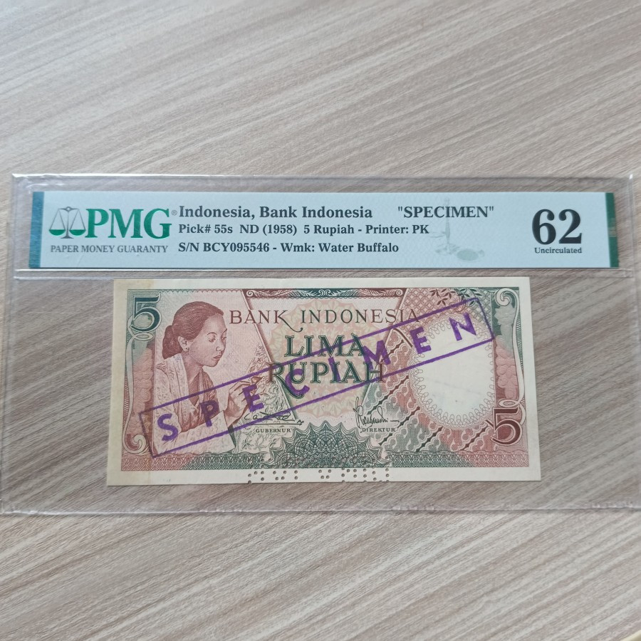 PMG SPECIMEN 5 Rupiah Seri Pekerja 1958 Skor 62 UNC LANGKA RARE