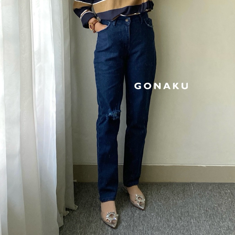 [GONAKU] Doty Ripped Jeans Melar Highwaist Wanita | Celana Boyfriend Jeans Sobek Lutut | Jeans Karet