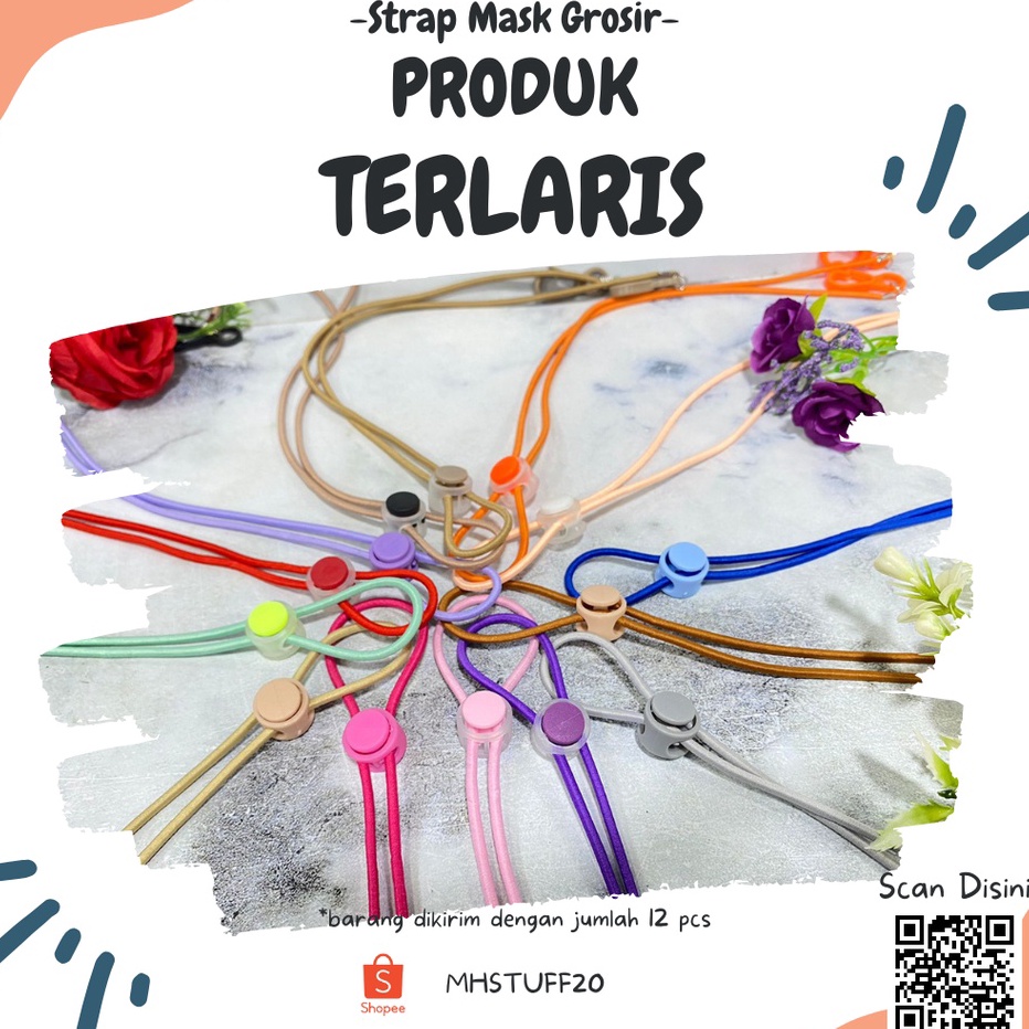 MEGA SALE 12 pcs  1Lusin Strap Mask karet polos Tali STRING 2 in1 Kalung Konektor Masker