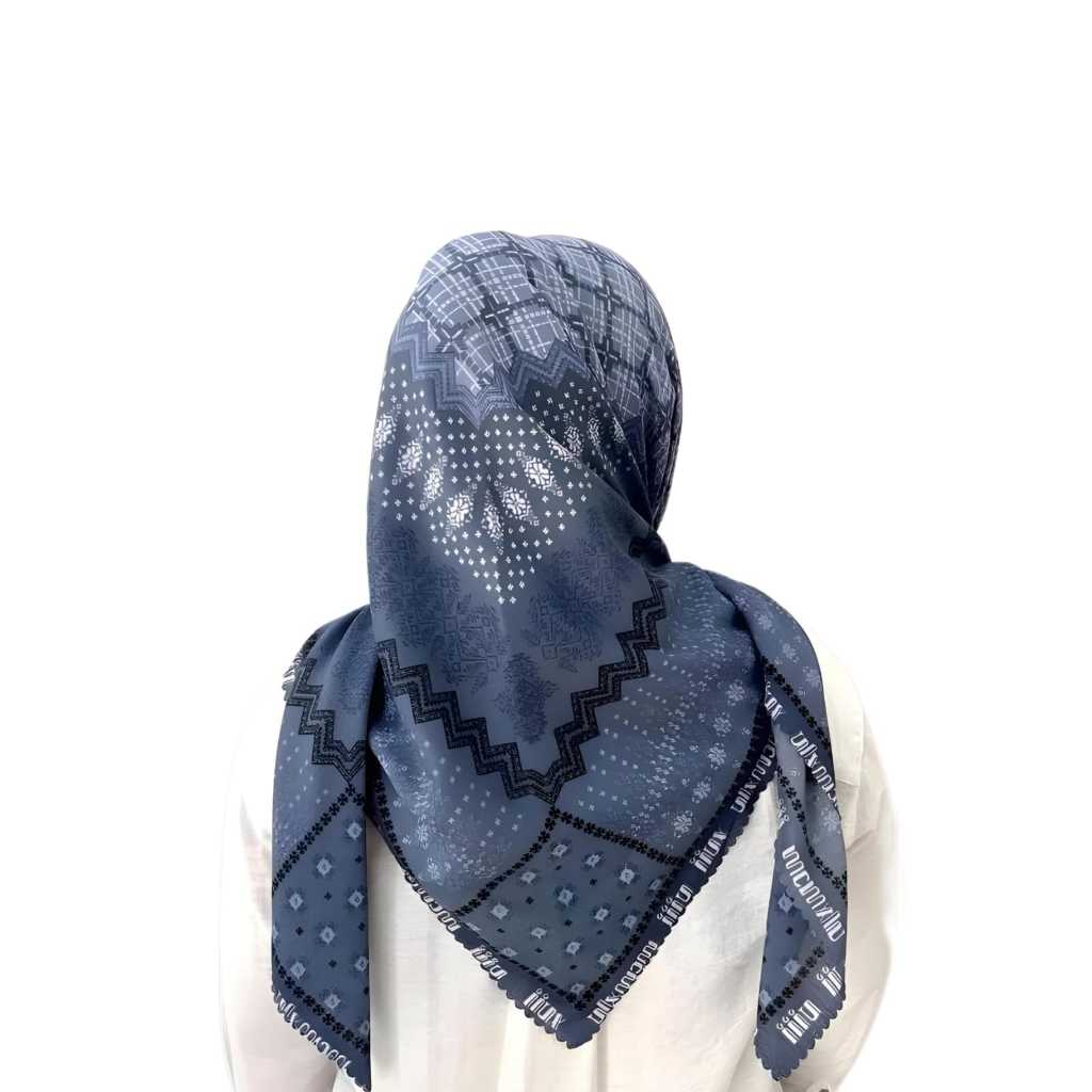 Jilbab Voal Motif Finishing Laser Cut Printing | Jilbab Segi Empat Premium Mandali Biru