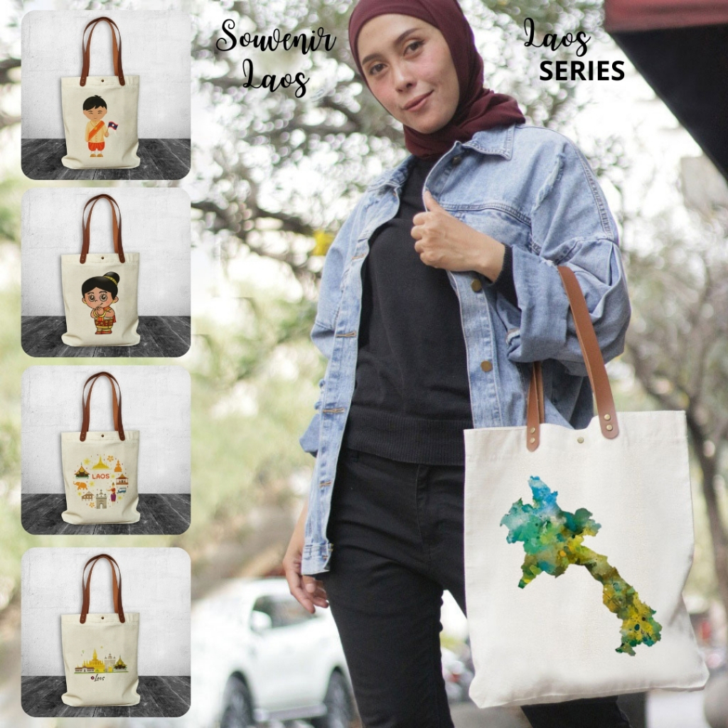 [HdCustom] Tote bag Canvas oleh oleh Laos | Tote bag Canvas Souvenir Laos | Tote bag Laos Wanita | T