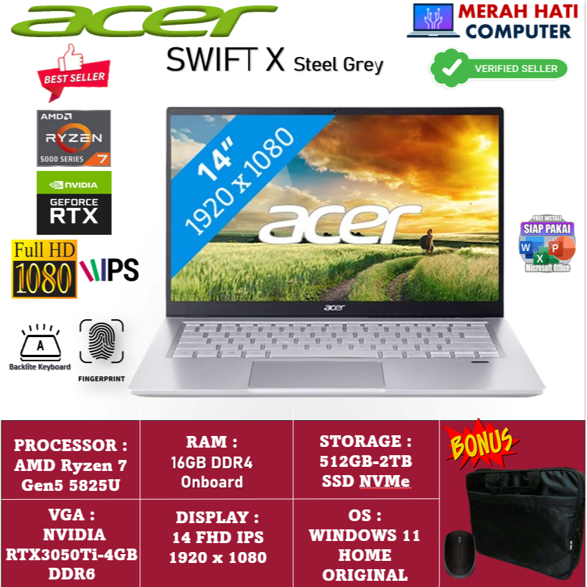 Acer Swift X Amd Ryzen 7 16GB DDR4 2TB SSD RTX3050Ti-4GB 14 FHD IPS Windows 11 Home Original