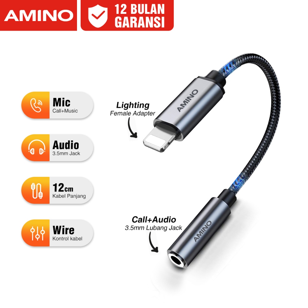 AMINO Adapter Untuk Iphone to Audio Male / Lighting to Aux 3.5 mm Converter Splitter / Connector Aux