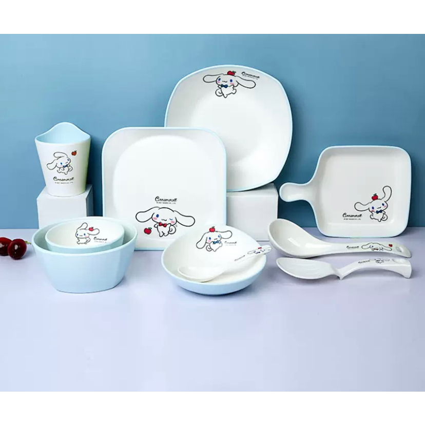 Piring Mangkok Gelas Sendok Melamin Anak Motif Cinnamoroll Putih