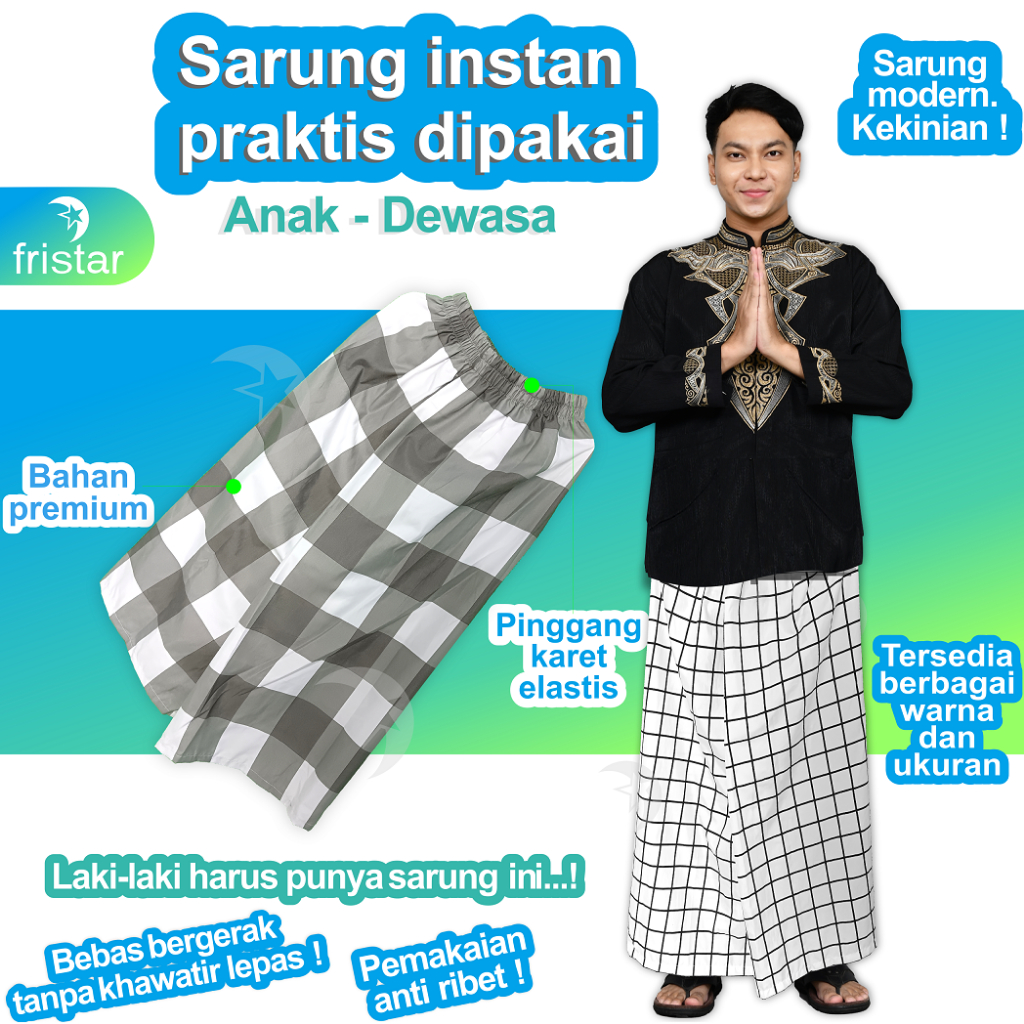 Sarung instan santri pria dewasa remaja putra kain hitam putih polos warna motif laki laki sholat pr