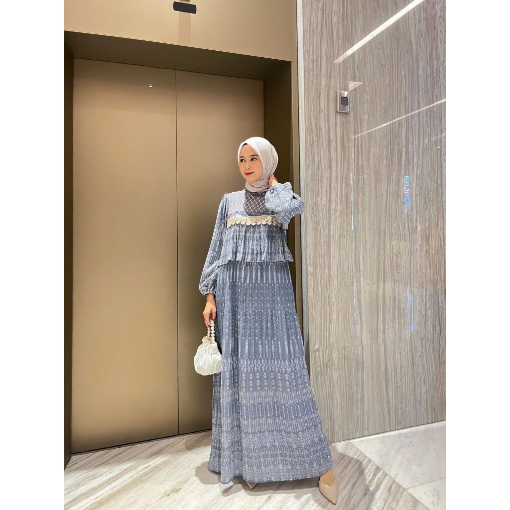 [ORI] Damira Dress Plisket Motif Renda Elagan Ceruti Ethic/Dress Korean Bangkok Kondangan Pesta Dail